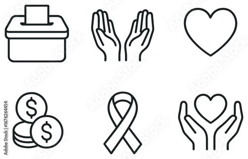 Charity and community support linear icon set. featuring donation box, gratitude, heart, coins, ribbon, and care symbols