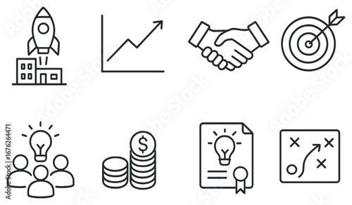 Business linear icon set. featuring rocket, chart, handshake, target, team, finance, certificate, strategy