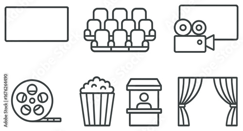 Cinema linear icon set. featuring screen, seats, camera, film reel, popcorn, ticket booth, curtain