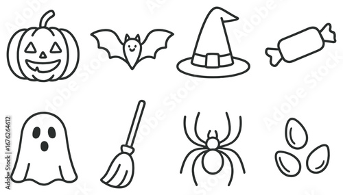 Halloween flat icon set. featuring pumpkin, bat, witch hat, candy, ghost, broom, spider, seeds