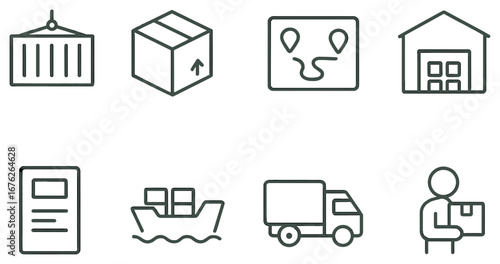 Logistics and shipping linear icon set. featuring container, box, route, warehouse, document, ship, truck, delivery