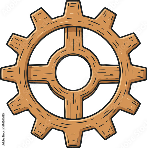 Wooden gear wheel vector illustration with rustic texture and mechanical design elements