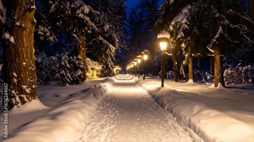 Snowy park path at night
