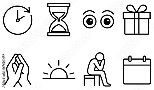 Time management linear icon set. featuring clock, hourglass, eyes, gift, prayer, sunrise, thinking, calendar symbols