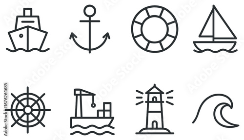 Maritime linear icon set. featuring ship, anchor, lifebuoy, sailboat, wheel, crane, lighthouse, wave
