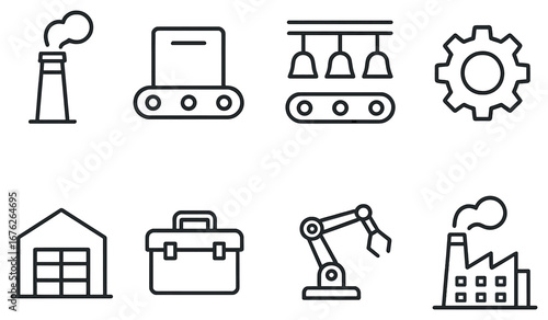 Industrial linear icon set. featuring factory, conveyor belt, gear, warehouse, toolbox, robotic arm