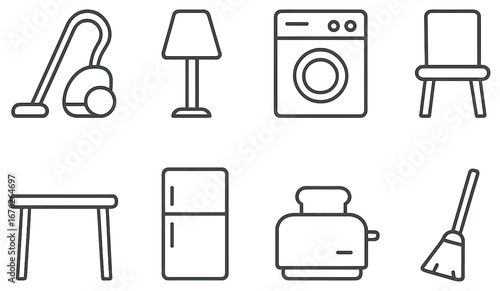 Home appliances linear icon set. featuring vacuum, lamp, washing machine, chair, table, fridge, toaster, broom