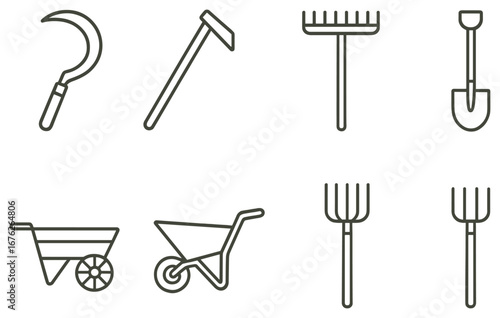 Gardening tools linear icon set. featuring sickle, hoe, rake, shovel, wheelbarrow, fork symbols