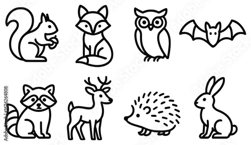 Forest animals linear icon set. featuring squirrel, fox, owl, bat, raccoon, deer, hedgehog, and rabbit