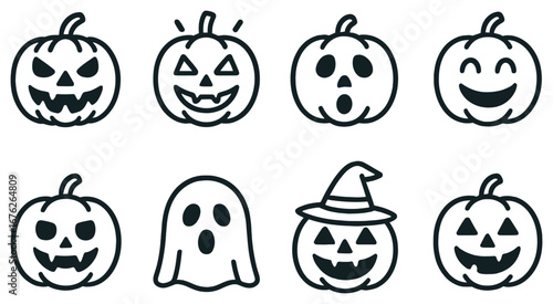 Halloween flat icon set. featuring jack-o'-lanterns, ghosts, and witch hat symbols