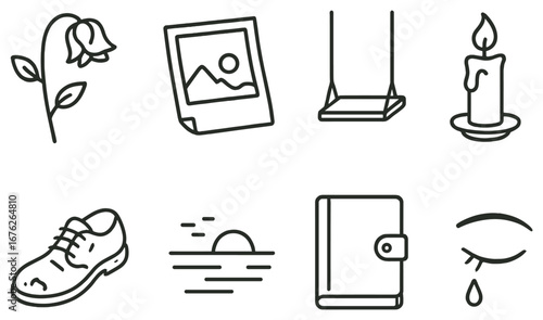 Sadness linear icon set featuring flower, photo, swing, candle, shoe, sunset, notebook, and tear symbols