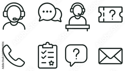Customer support linear icon set. featuring headset, chat, ticket, phone, checklist, inquiry, and email symbols