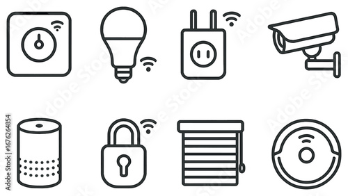 Home automation linear icon set. featuring power button, light bulb, outlet, security camera, smart speaker, lock, blinds, robot vacuum