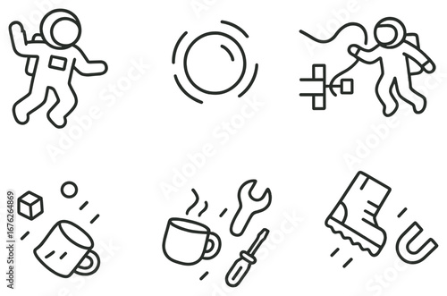 Astronaut linear icon set. featuring spacewalk, planet, exploration, gravity, mug, repair, boot, magnet