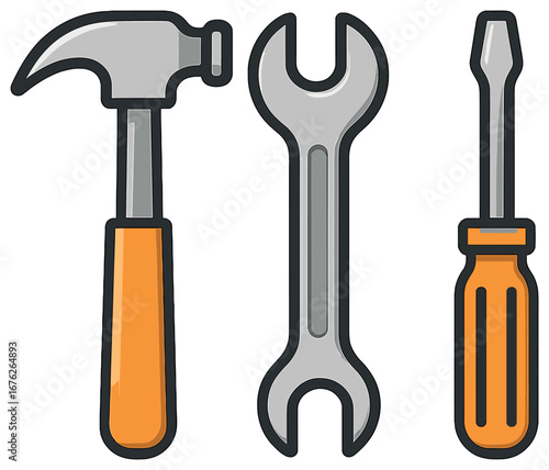 Tools flat icon set. featuring hammer, wrench, screwdriver