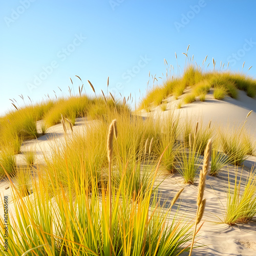 breathtaking sight of dunes adorned with vibrant beach grass, symbolizing steadfastness these plants bestow upon shifting sandy terrains and harmonious equilibrium they epitomize