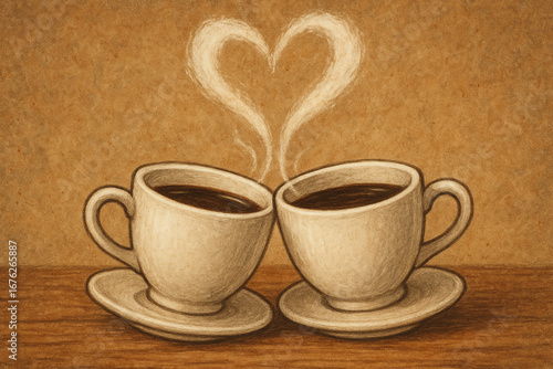 Coffee cups clinking together with heart-shaped steam rising