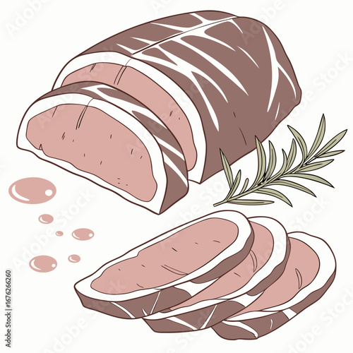 Professional vector illustration of pork tenderloin cuts, scalable and crisp for print and digital food advertising