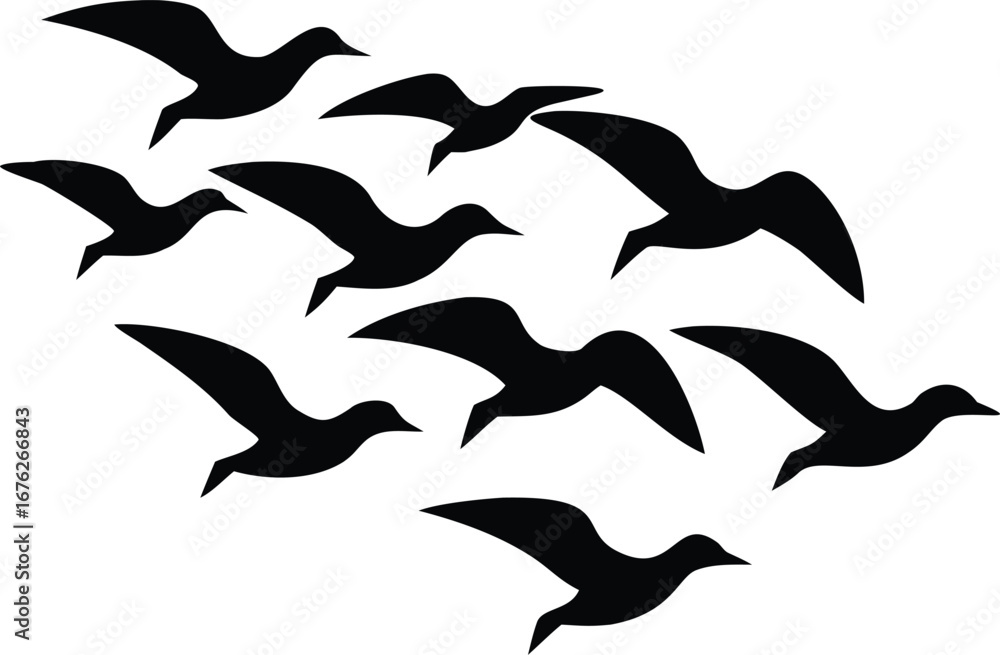 Obraz premium Flat Isometric Vector of Flying Bird Silhouettes – Minimalist Black and White Flock in Migration Pattern Illustration