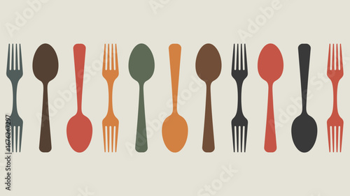 Vibrant collection of modern forks and spoons in a stylish, colorful flat design for culinary themes