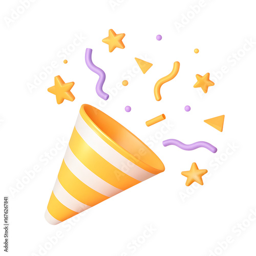 Yellow Party Popper Emoji icon with confetti. illustration of 3d rendering.