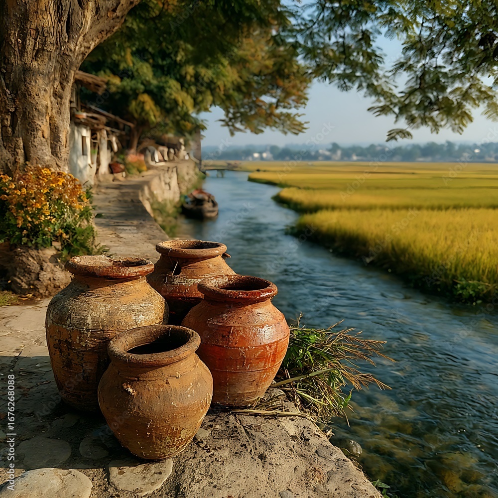 Fototapeta premium Colorful clay pots beside running water high resolution picture
