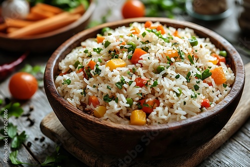 Colorful carrots and peas in fluffy rice high resolution picture