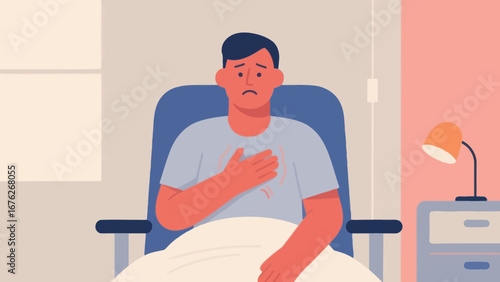 Worried man experiencing chest pain, sitting in a chair under a blanket at home.