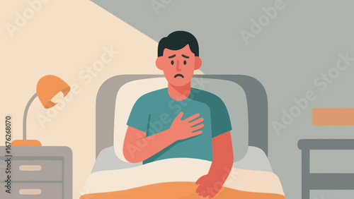 Man sitting in bed with hand on chest, looking worried, in a bedroom setting.