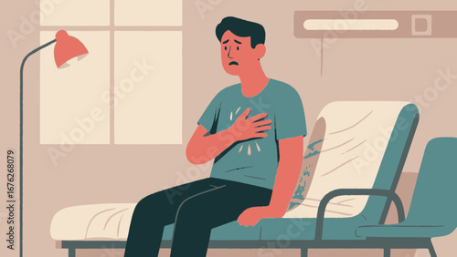 A distressed man sits in a hospital bed, clutching his chest, expressing concern and possible pain.