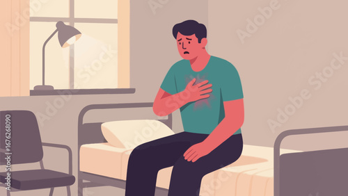 Man sitting on a bed, clutching his chest, experiencing pain or discomfort.