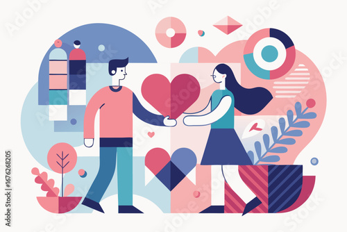 Couple exchanging a heart with abstract shapes love