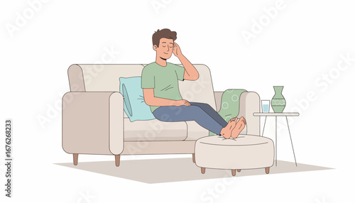 A man sitting on a sofa with a pillow, relaxing and touching his head in a bright, minimalist room.