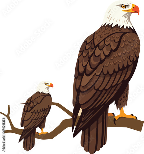 Bald eagle perched on branch with detailed feathers and sharp beak natural wildlife bird vector illustration 
