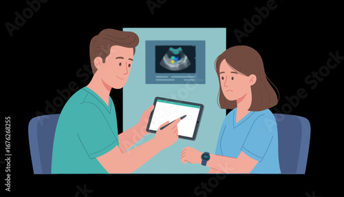 Doctor showing a patient results on a tablet with an ultrasound image in the background.
