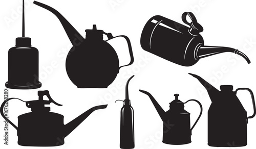Oil Can Icon Set – Black and White Vector Silhouettes of Vintage and Modern Lubricant Cans