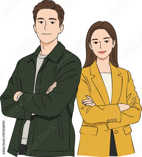 Confident young man and woman standing with crossed arms in casual and formal jackets vector illustration 
