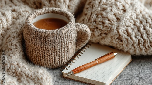 Wallpaper Mural Cozy cappuccino in knitted mug on notebook with wooden pen and beige knitted blanket for relaxation Torontodigital.ca