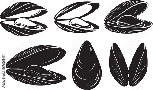 Black and White Mussel Shell Vector Set – Seafood Silhouette Illustrations