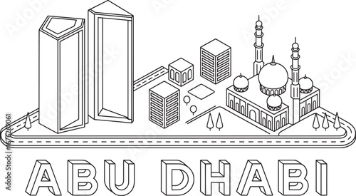 Abu Dhabi Isometric Cityscape Outline Vector Illustration with Skyscrapers and Mosque