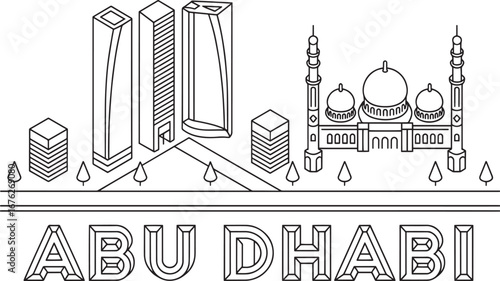 Abu Dhabi Isometric Cityscape Outline Vector Illustration with Skyscrapers and Mosque
