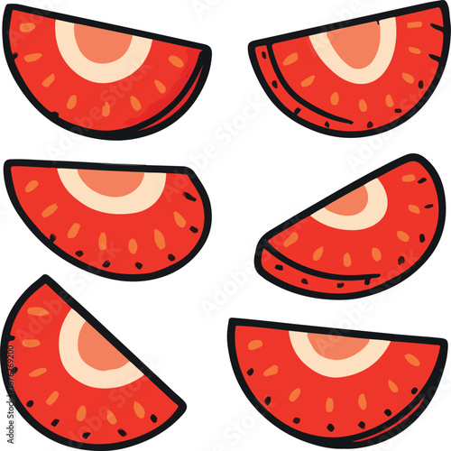 Six Red Watermelon Slices Cartoon Illustration orange