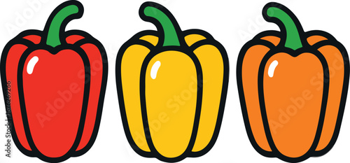Three Bell Peppers Red Yellow Orange Cartoon Style