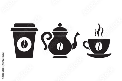 Coffee icons to go cup pot and steaming mug