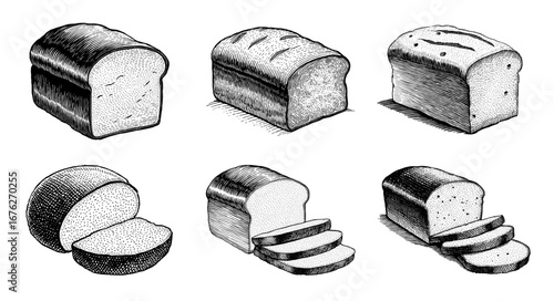 Assorted bread loaves in a vintage illustration style, black and white, representing baking and bakery products