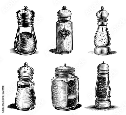 Collection of salt and pepper shakers in vintage line-art style, black and white