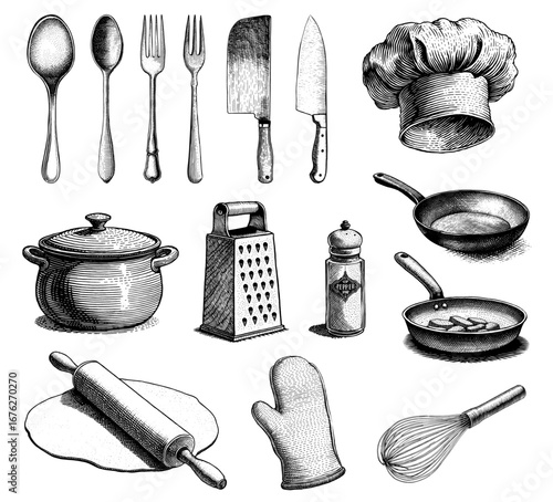 Hand-drawn kitchen tools in a vintage stippled style, black and white