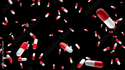 Pills falling down against black background, medicines from the pharmacy, overdose problem