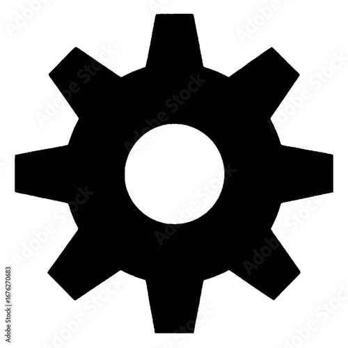 Solid black silhouette of a seven-tooth mechanical cogwheel a simple gear icon with a central hole on isolated transparent background.