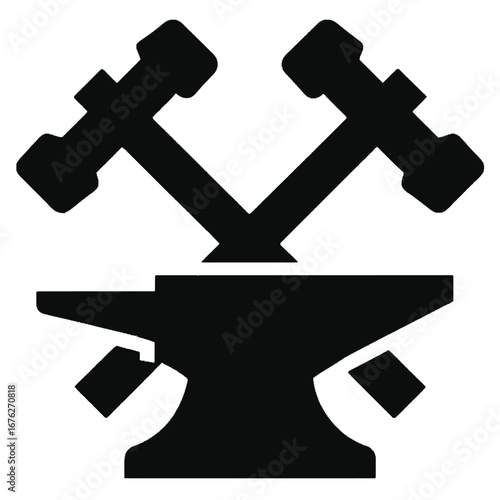 Stylized black silhouette icon of two crossed hammers above a classic blacksmiths anvil representing craft and forging on isolated transparent background.